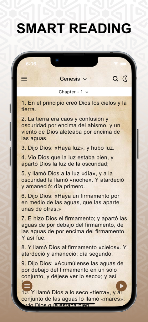 Catecismo Iglesia Católica Pro - Smart reading interface of the Spanish Catholic Catechism app showing Genesis Chapter 1