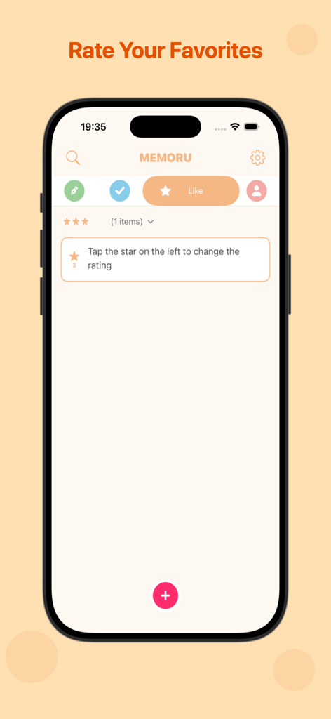 MEMORU / Simple Note App - Una captura de pantalla de la app MEMORU mostrando la función de Favoritos con un sistema de calificación por estrellas e interfaz minimalista.