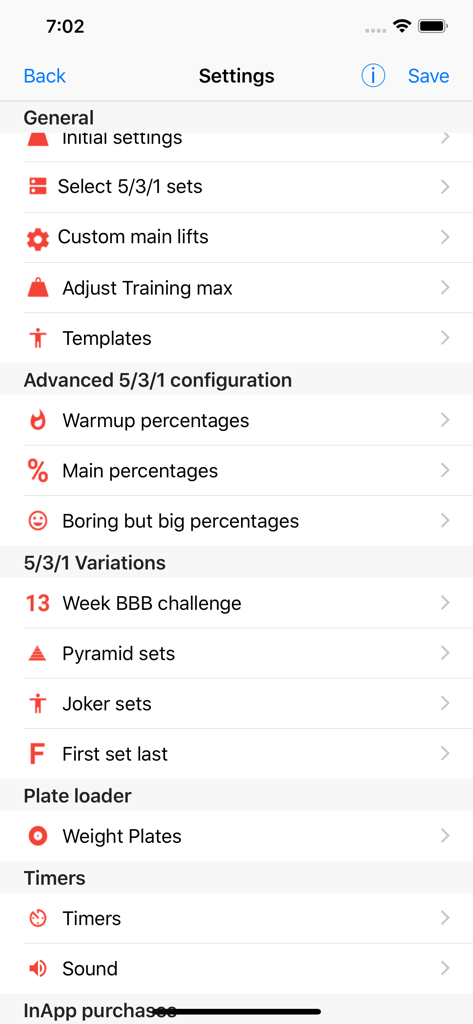 5/3/1 Workout logger - 531 - Einstellungsmenü der 531 Workout Logger App, das Konfigurationsoptionen für Trainingsvorlagen und Lift-Variationen anzeigt