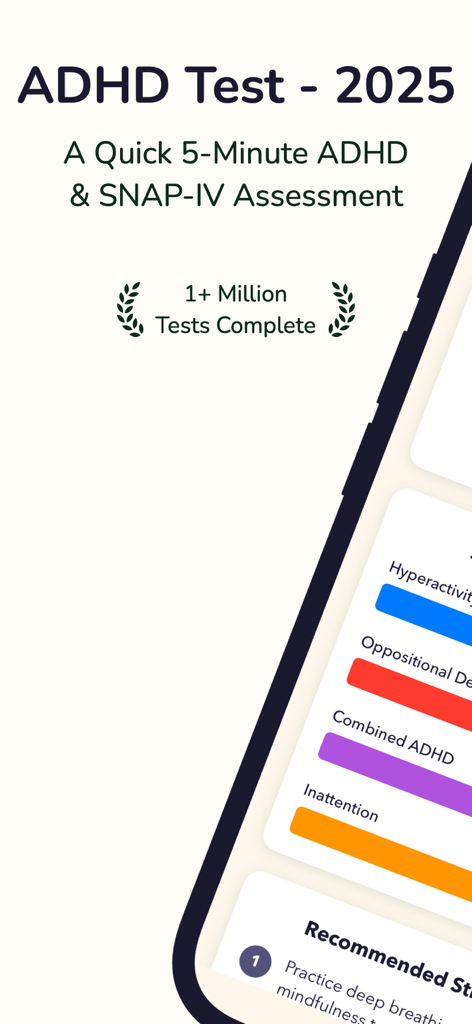 ADHD Test App - Écran de l'application mobile Test TDAH 2025 montrant un résumé d'évaluation de 5 minutes et des catégories de symptômes