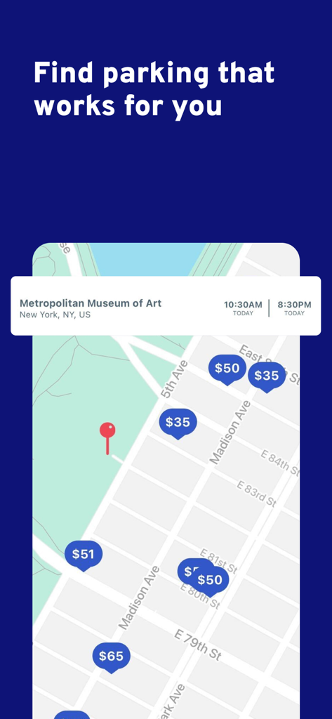 ParkWhiz - #1 Parking App - ParkWhiz app interface showing a map of New York City with available parking locations and prices.