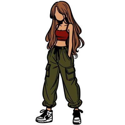 girl in baggy pants crop top and long hair