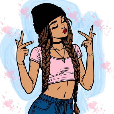 realistic teenage girl with braids and a beanie and crop top doing 🫶🏼