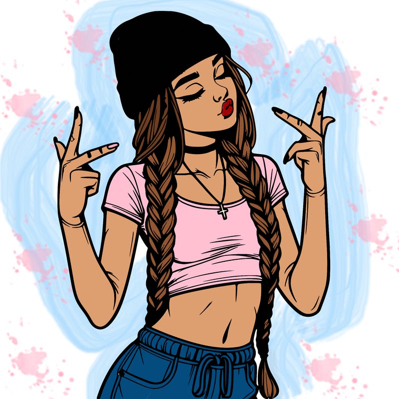 realistic teenage girl with braids and a beanie and crop top doing 🫶🏼