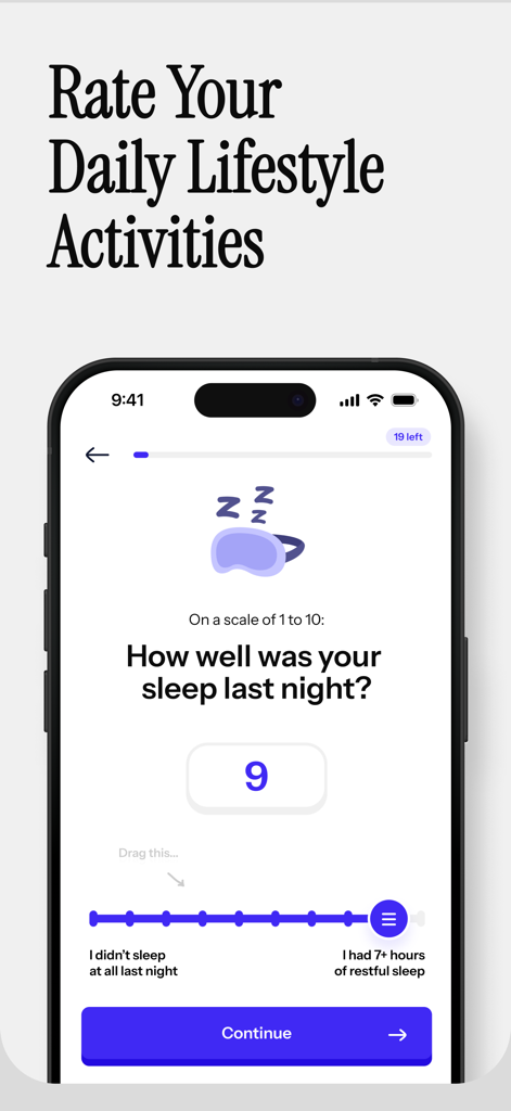90 Day Life Reset Challenge: T - Mobile app screen for rating sleep quality on a scale of 1 to 10 within the 90 Day Life Reset Challenge app