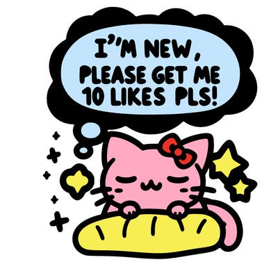 kitty taking a nap dream talking and saying "i'm new, please get me at least 10 likes pls!!"
