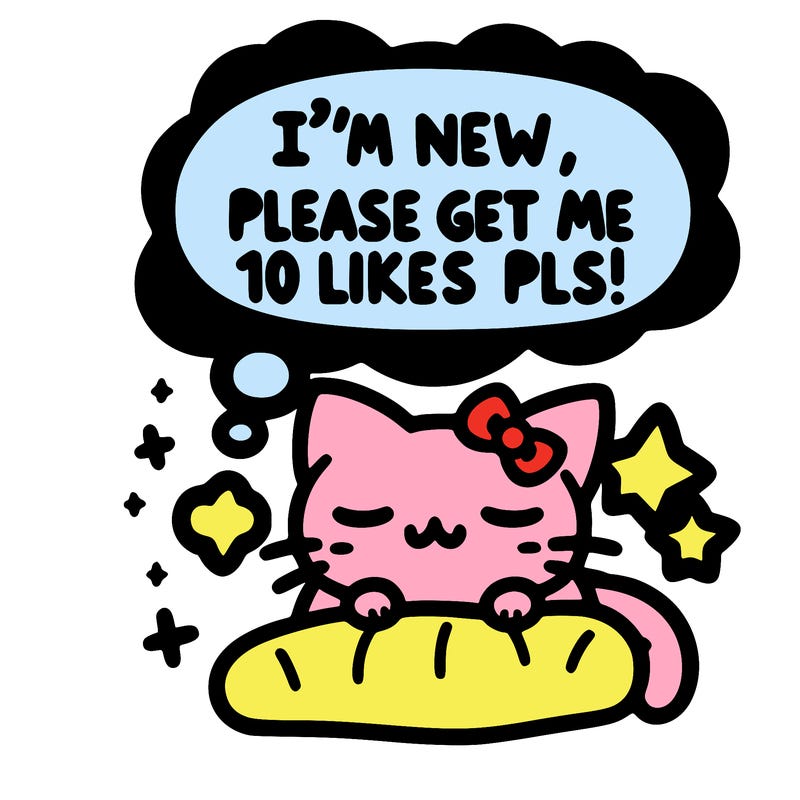 kitty taking a nap dream talking and saying "i'm new, please get me at least 10 likes pls!!"