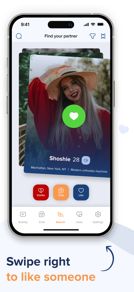 JWed dating app interface showing a Jewish singles profile with a swipe right to like feature.