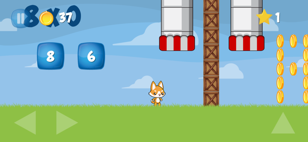 Tablas Multiplicar - A children's math game screen showing a platformer level with a fox character and multiplication puzzles
