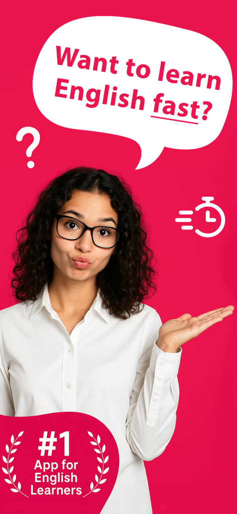 Master English - ENGO - メガネをかけた若い女性がピンクの背景の前に立って、英語を速く学びたいか尋ねています