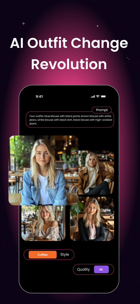 Clothes Changer & Outfit Maker - AI clothing changer app showing four generated outfits for a woman based on a text prompt