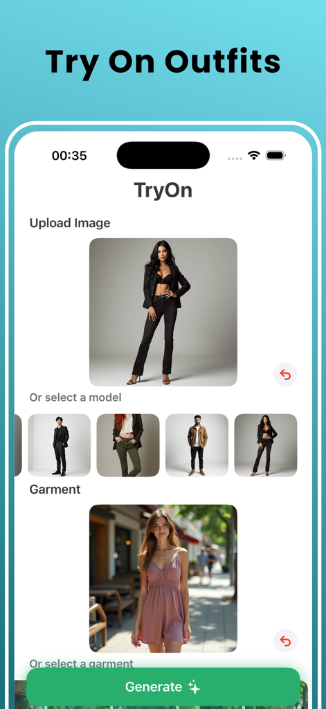 AI Stylist Outfit Clothes Gen - AI Stylist app interface for virtual outfit try on with model selection and garment preview