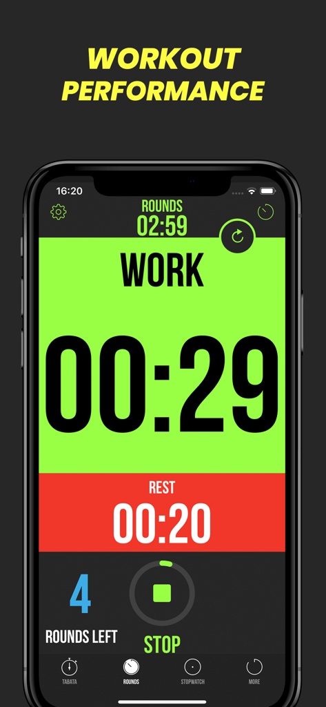 Interface of the Timer Plus app showing a green work interval countdown and a red rest timer for HIIT workouts