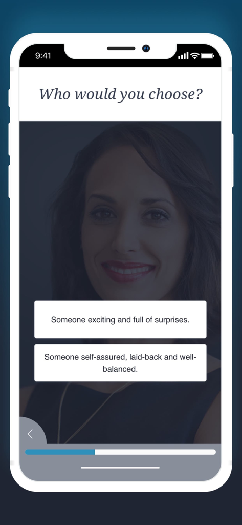 Academic Singles - Scientific personality test screen in the Academic Singles dating app asking for match preferences