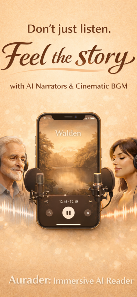 Aurader app showing immersive AI narrators and cinematic background music for reading books