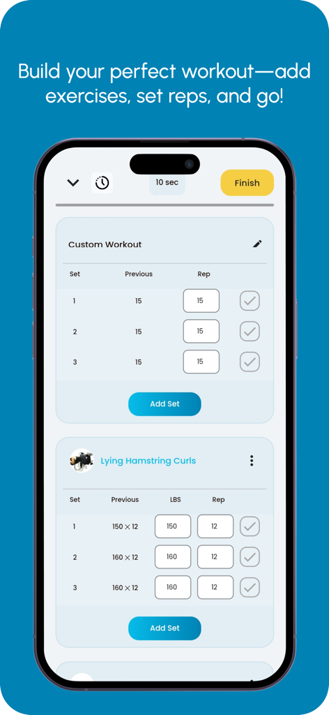 BUFF | Gym Workout Tracker - Mobile app screen for tracking custom gym workouts and exercise sets