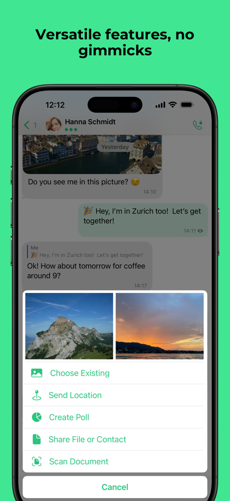 Screenshot of Threema chat showing a menu with options like share location, create poll, and scan document.