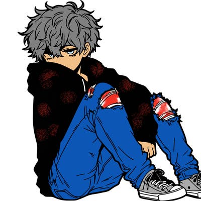 a male hoddie ripped jeans messy hair anime