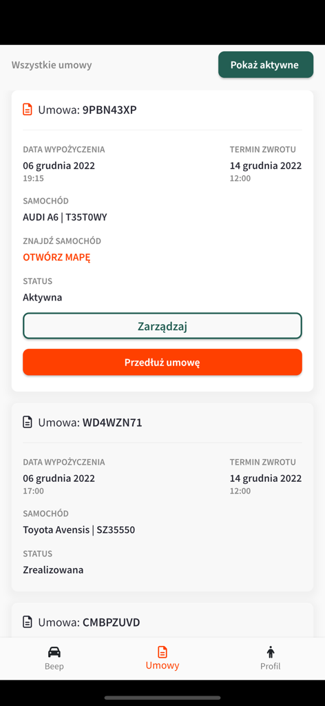 BEEP.rent - BEEP.rent 앱의 인터페이스로, 활성 및 완료된 차량 렌탈 계약 목록을 보여줍니다.
