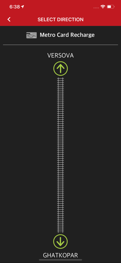 Mumbai Metro direction selection screen in the m-Indicator app showing Versova and Ghatkopar routes