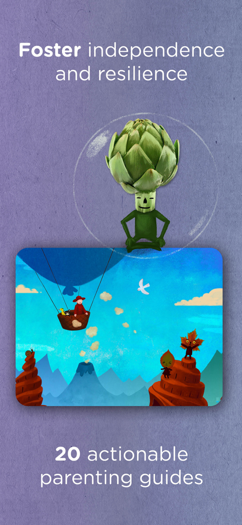 A character meditating with text about fostering independence and 20 actionable parenting guides.