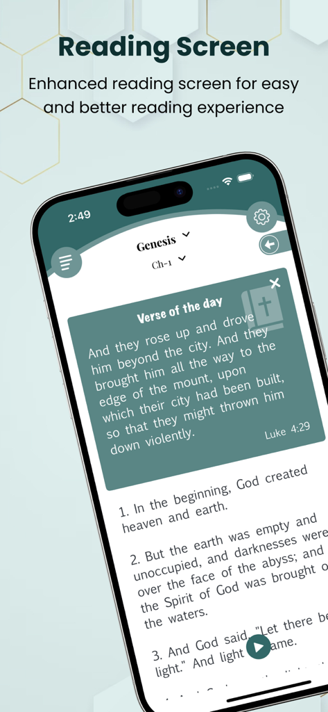 Catholic Jerusalem Bible+Audio - Interfaz de la aplicación Biblia Católica de Jerusalén que muestra la pantalla de lectura con el texto de Génesis y una ventana emergente del Versículo del Día.