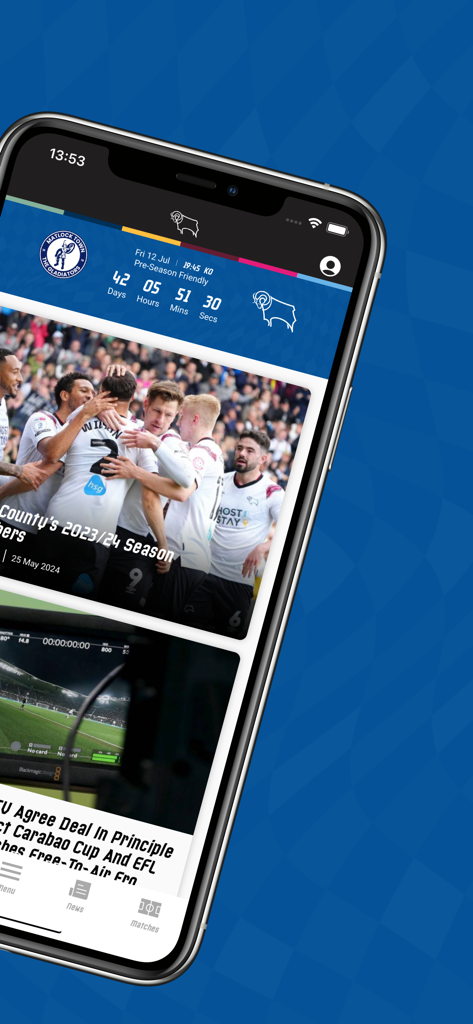 Derby County FC - La app móvil oficial del Derby County FC mostrando la cuenta atrás del partido y las últimas noticias de fútbol