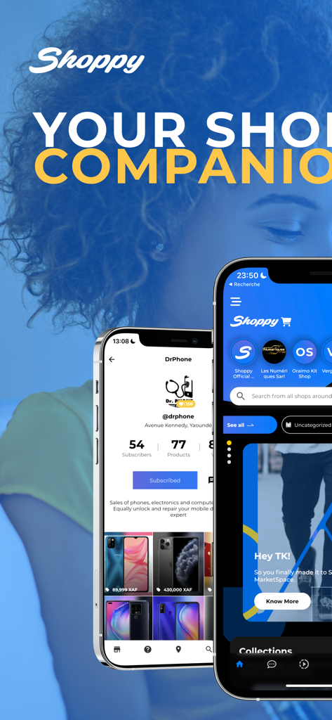 ShoppyMS: Shop Near You - Dos teléfonos móviles mostrando la interfaz de la aplicación ShoppyMS con perfiles de tiendas locales y pantallas de descubrimiento de productos.