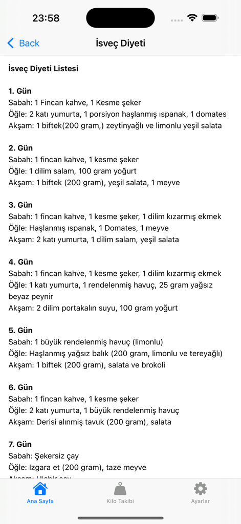 Diyet Listesi & Kilo Takibi - A mobile application screen showing a detailed seven day Swedish diet plan with meal suggestions