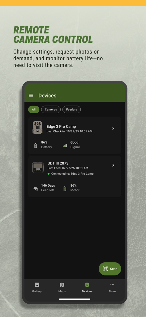 Moultrie - Moultrie app interface for remote camera and feeder management showing battery and signal levels
