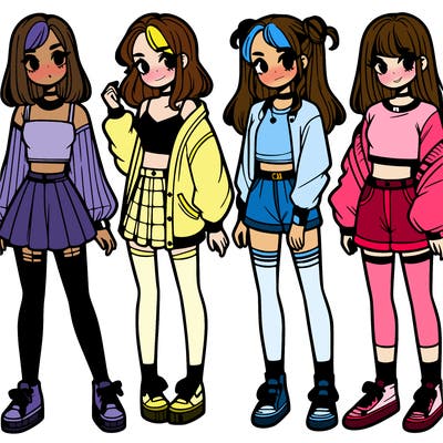 one girl with crop-top shirt and a jacket with a skirt, long socks and another girl with a shirt and pants with a jacket