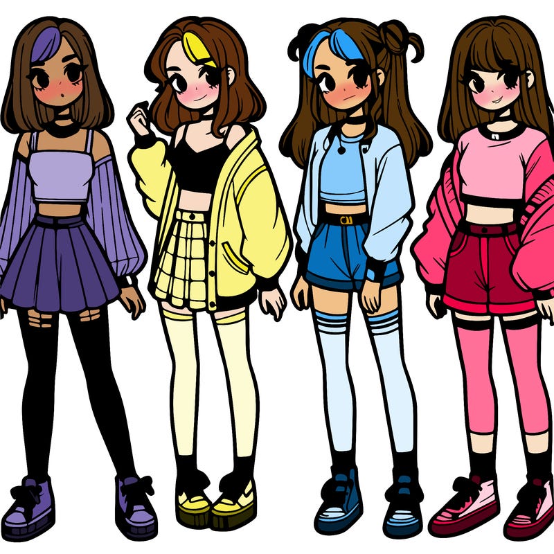 one girl with crop-top shirt and a jacket with a skirt, long socks and another girl with a shirt and pants with a jacket