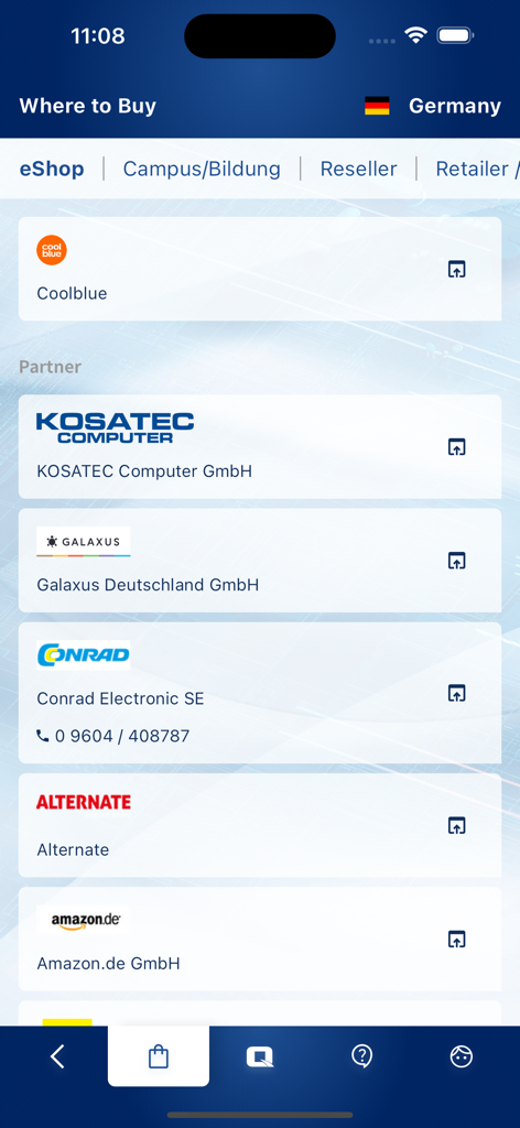 A tela Onde Comprar do aplicativo MyQNAP mostrando uma lista de varejistas e parceiros autorizados na Alemanha.