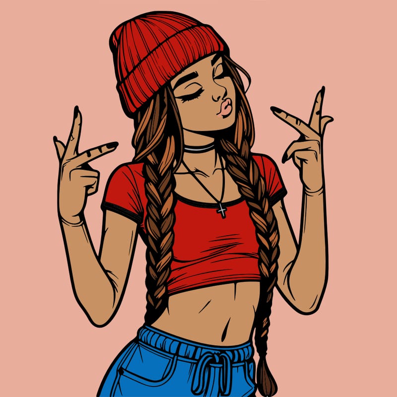 realistic teenage girl with braids and a beanie and crop top doing 🫶🏼