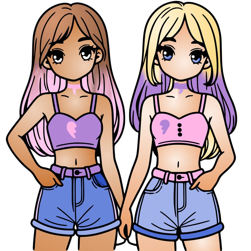 two sisters with crop tops and jean shorts and straight hair