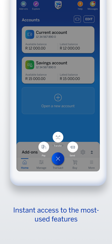 Standard Bank / Stanbic Bank - Dashboard dell'app Standard Bank che mostra i saldi dei conti correnti e di risparmio con opzioni di transazione rapide