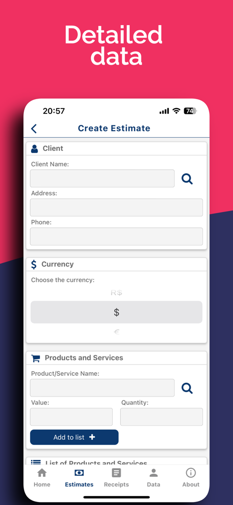 Receipt Creator & Estimate App - Una pantalla que muestra campos detallados de cliente y producto para crear un presupuesto profesional.