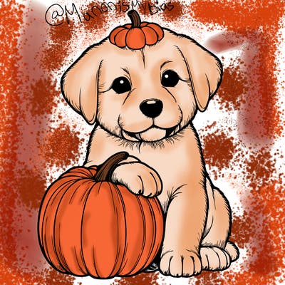 a realistic puppywith a pumpkin on his head