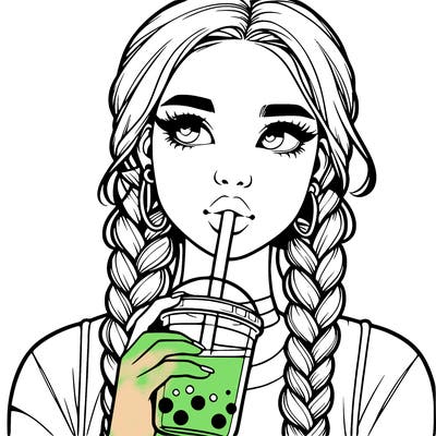 realistic girl with braided hair drinking boba