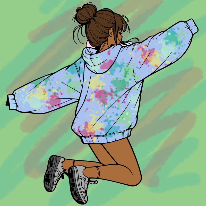 realistic girl jumping with a bun and oversized sweatshirt