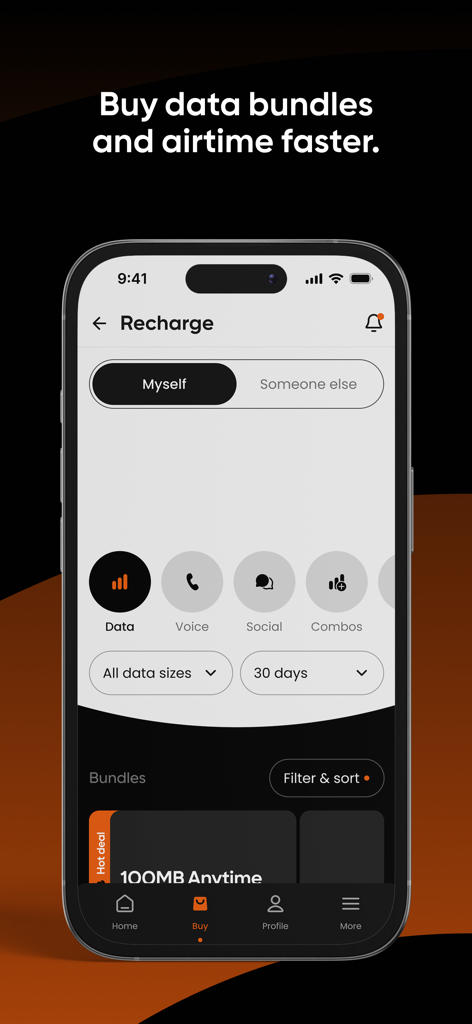 Cell C - Interface of the Cell C app showing recharge options for data bundles and airtime.