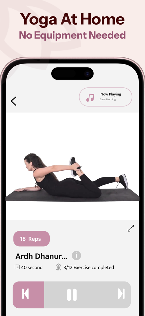 Yoga for Beginners - Workout - 홈 트레이닝을 위해 여성의 하프 보우 포즈를 보여주는 요가 앱 인터페이스