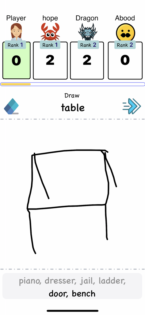 Draw Fast - Mobile screen of Draw Fast game showing a hand drawn table and AI word predictions