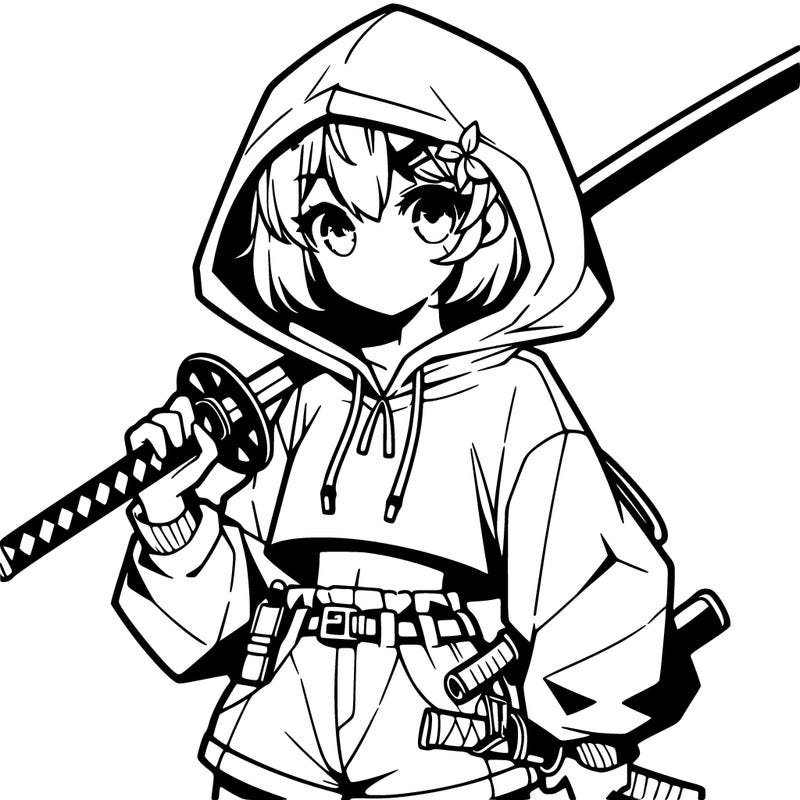 anime girl in a hoodie in a crop top and shorts with eyes holding a sword in a cool pose with no one else, just by herself