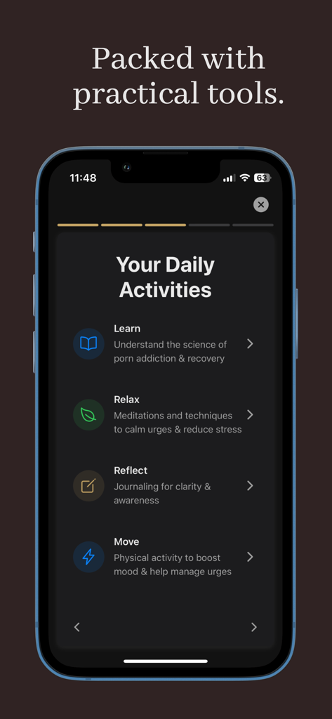 Unbound: Quit Porn Today - Pantalla que muestra las actividades diarias en la aplicación Unbound, incluyendo las opciones Aprender, Relajarse, Reflexionar y Moverse