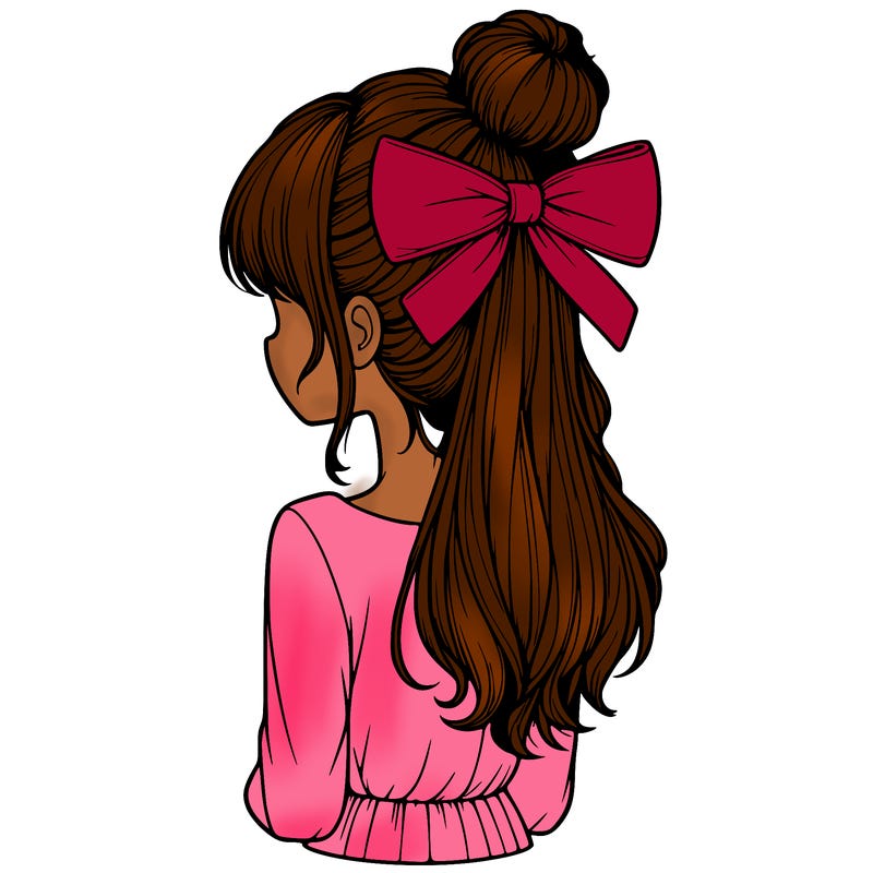 realistic girl  with hip length hair a bun and a big bow on the back of head