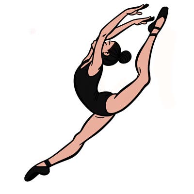 gymnast doing a leap in a leotard with a bent back leg