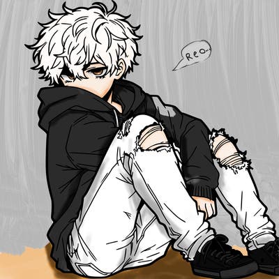 a male hoddie ripped jeans messy hair anime