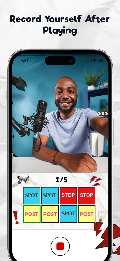 男性がSay The Word on Beatアプリでリズムスピーキングチャレンジをプレイしながら、ビデオリアクションを録画している。