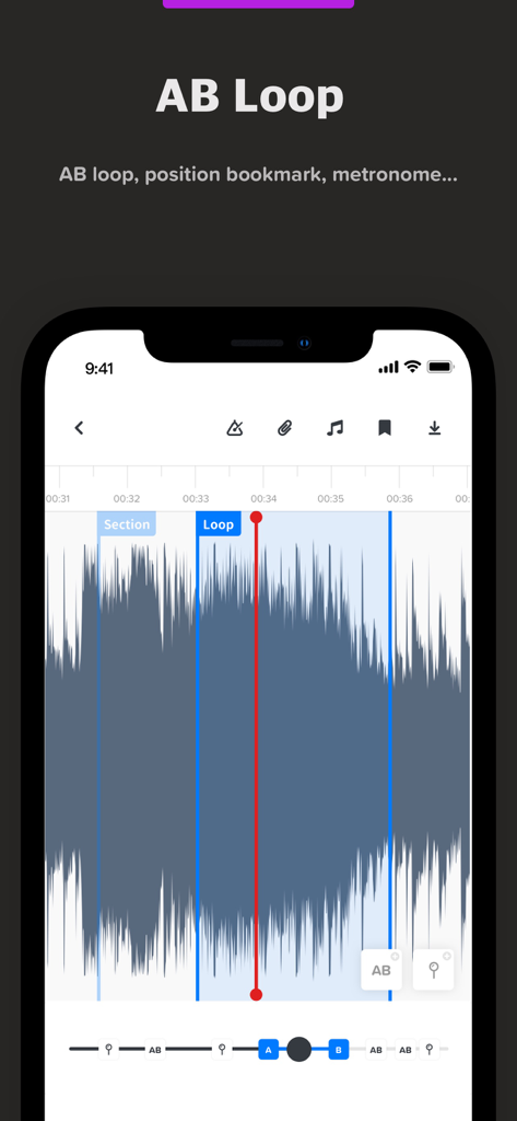 Audio Jam: AI for musicians - Audio Jam app interface showing the AB loop feature with an audio waveform and markers for music practice.